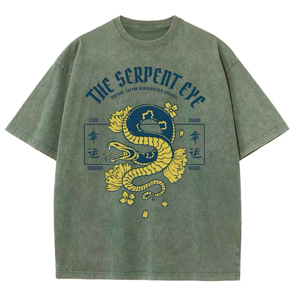 Japan Lucky Snake Sign Washed Vintage Short Sleeves T-Shirt-moweekender