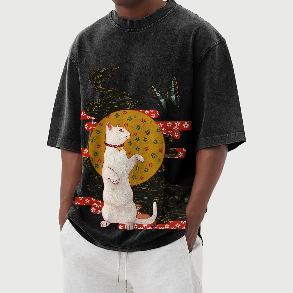 Butterfly Cat Pattern Casual Washed Vintage Short Sleeves T-Shirt-moweekender