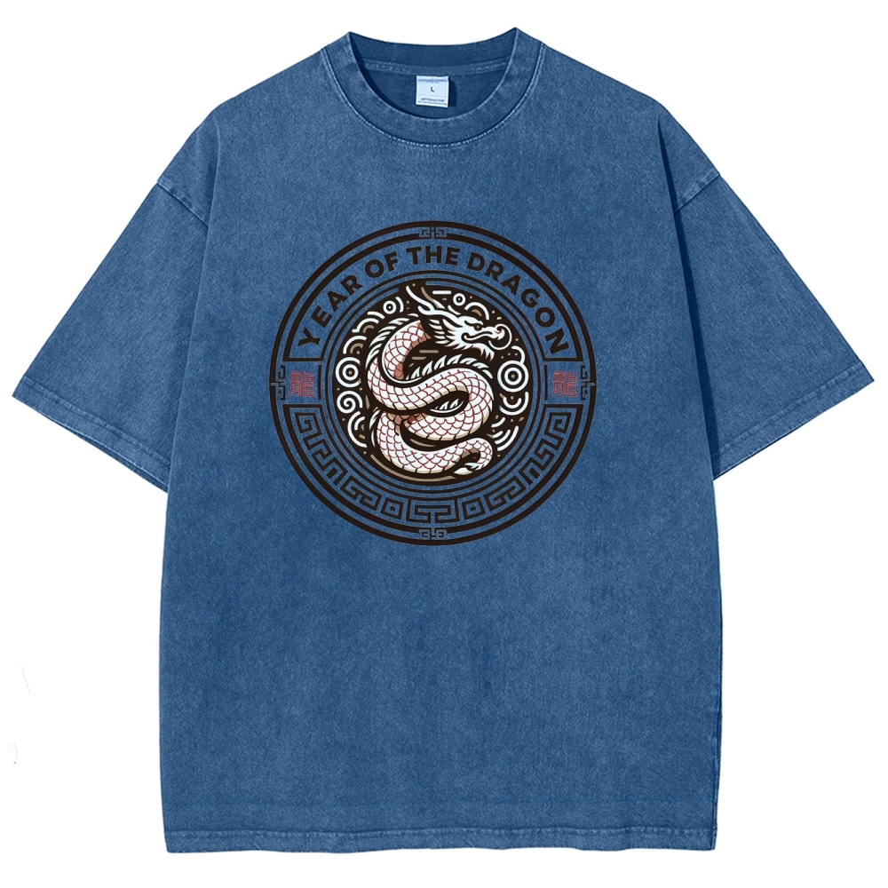 Traditional Dragon Pattern Washed Vintage Short Sleeves T-Shirt-moweekender