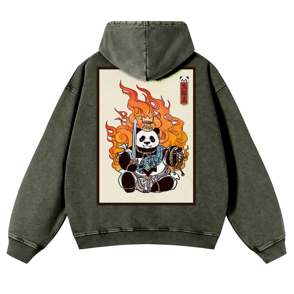 Fire Panda King Pattern Vintage Washed Hoodie-moweekender