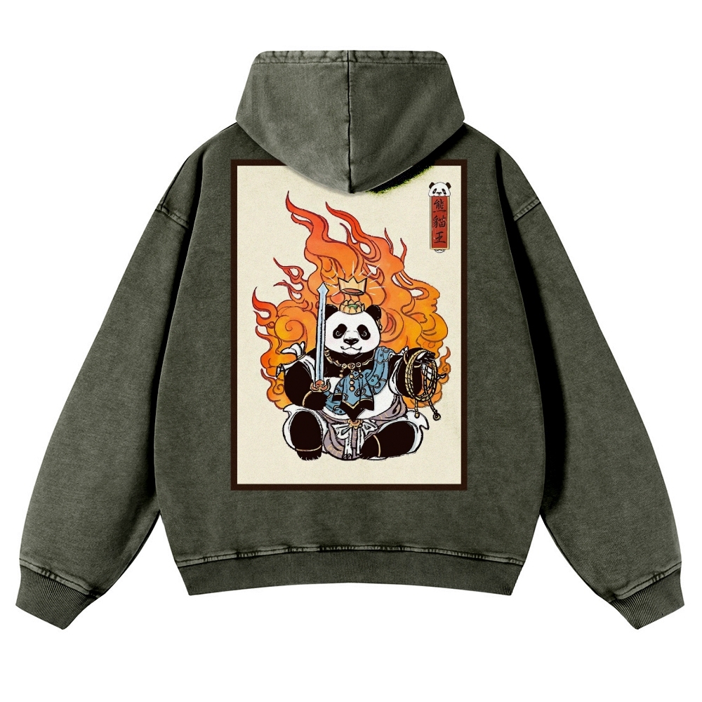 Fire Panda King Pattern Vintage Washed Hoodie-moweekender