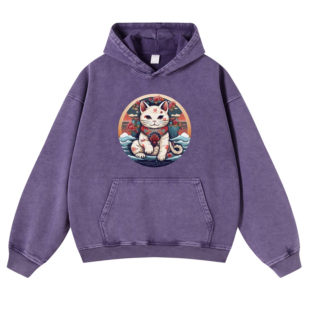 Japanese Cat Painting Printed Vintage Washed Hoodie-moweekender