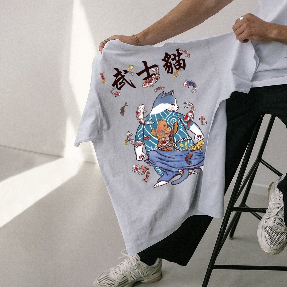 Fish Rain Tattooed Cat Unisex Prints T-Shirt-moweekender