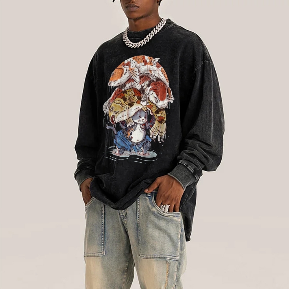 Fish Pressure Cat Deep Washed Vintage Long Sleeves T-Shirt-moweekender