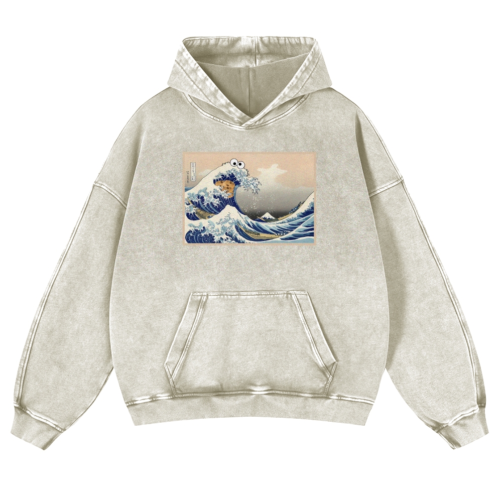 Cookie Wave Ukiyoe Printing Vintage Washed Hoodie-moweekender