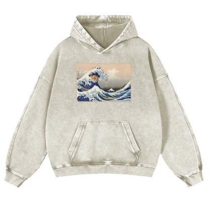Cookie Wave Ukiyoe Printing Vintage Washed Hoodie-moweekender