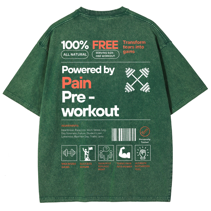 Powered by PainPre-workout Unisex Printed Retro Washed Short Sleeved T-Shirt-moweekender