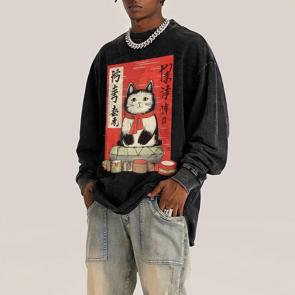 Japan Cat Painting Deep Washed Vintage Long Sleeves T-Shirt-moweekender