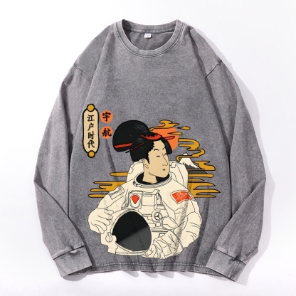 Japanese Spaceman Ukiyoe Deep Washed Vintage Long Sleeves T-Shirt-moweekender