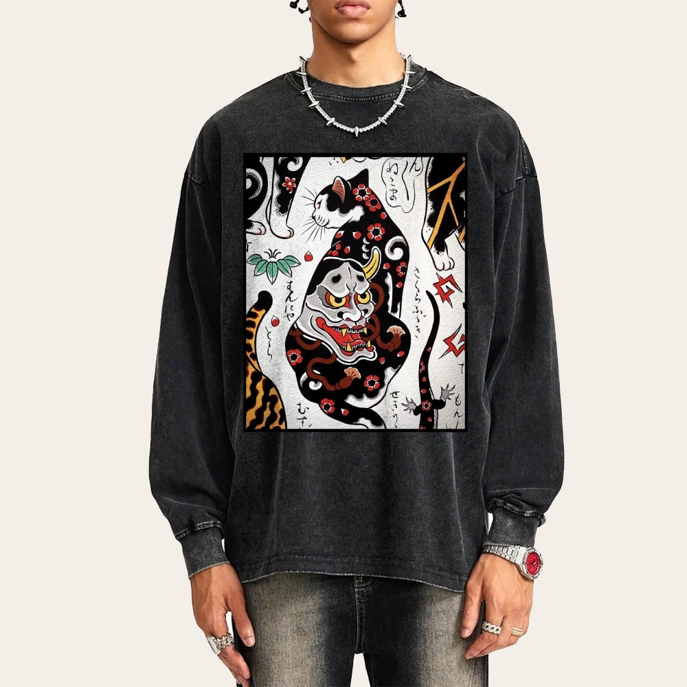 Demon Mask Tattoo Cat Deep Washed Vintage Long Sleeves T-Shirt-moweekender