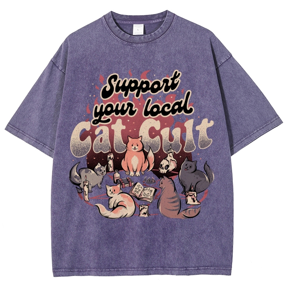 Support Your Local Cat Cult Vintage Snowflake Washed T-Shirt-moweekender