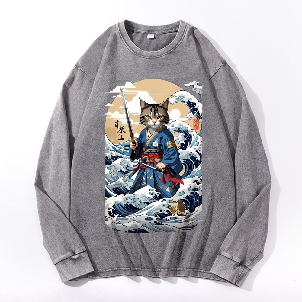 Wave Cat Ukiyoe Deep Washed Vintage Long Sleeves T-Shirt-moweekender