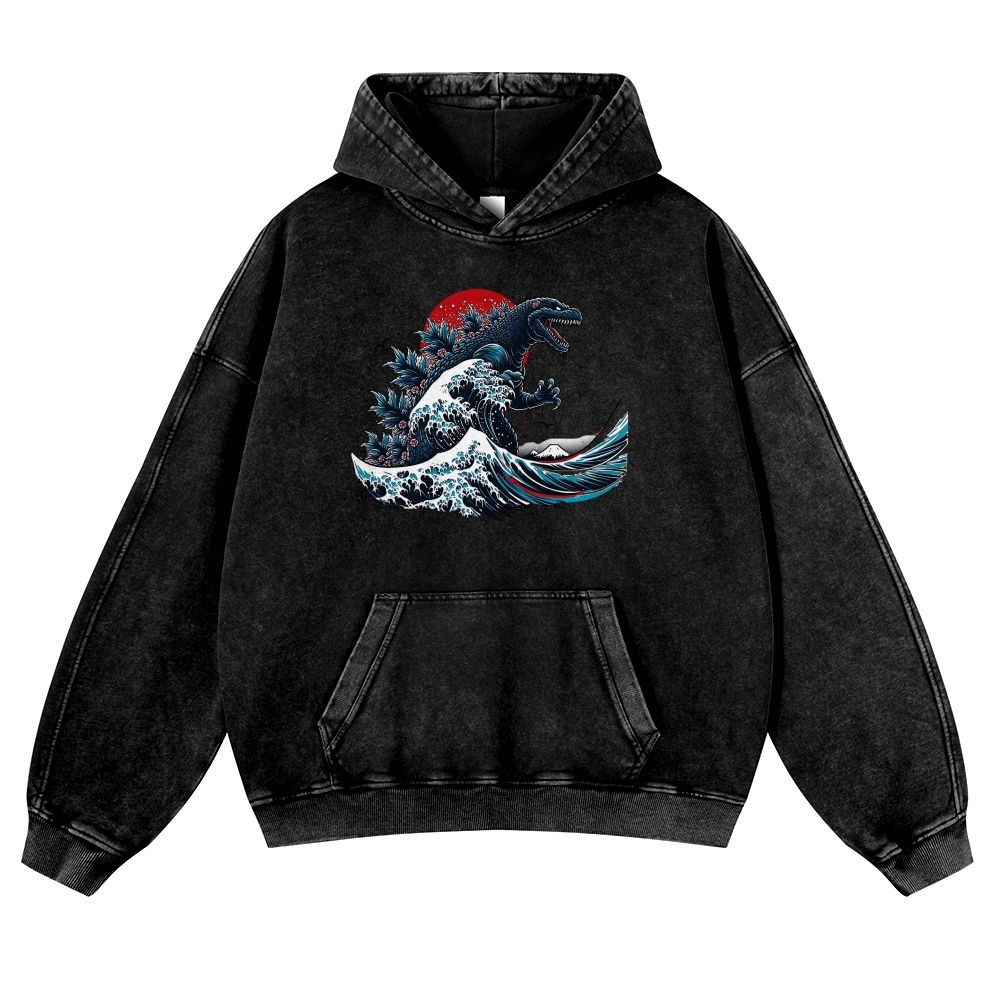 Japanese Godzilla Wave Ukiyoe Vintage Washed Hoodie-moweekender