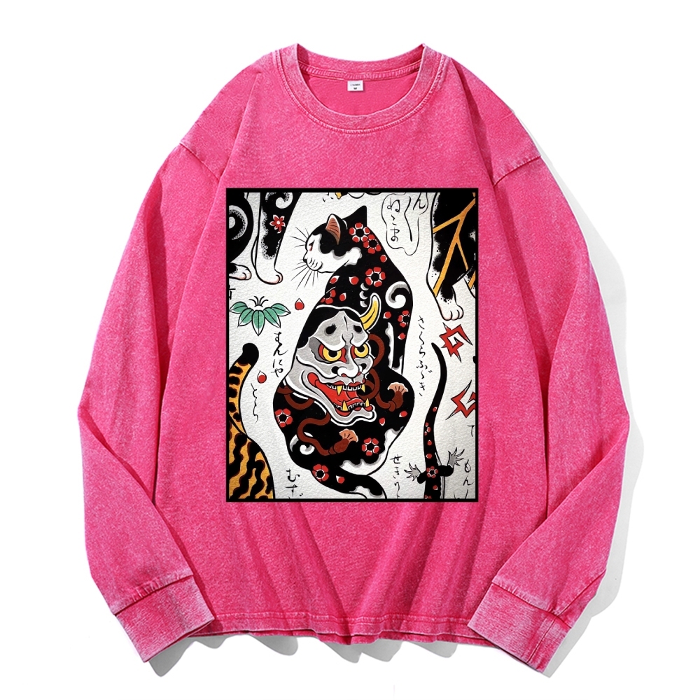 Demon Mask Tattoo Cat Deep Washed Vintage Long Sleeves T-Shirt-moweekender