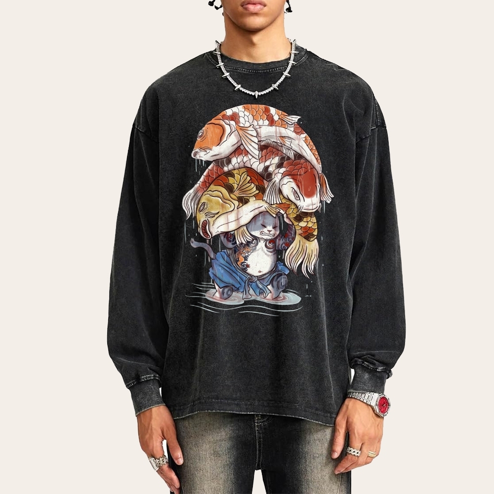 Fish Pressure Cat Deep Washed Vintage Long Sleeves T-Shirt-moweekender