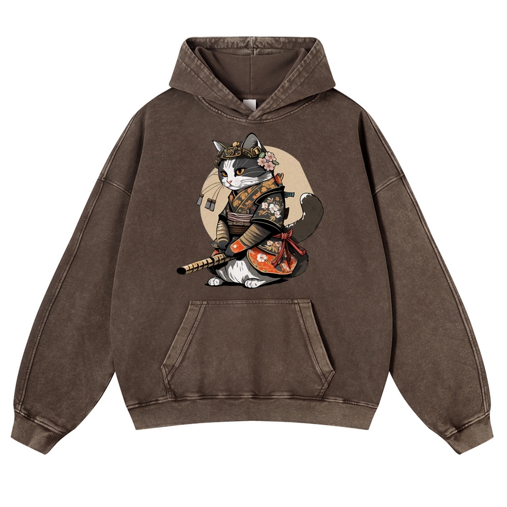 Warrior Cat Printed Vintage Washed Hoodie-moweekender