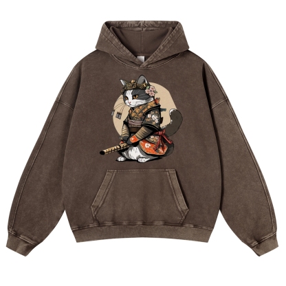 Warrior Cat Printed Vintage Washed Hoodie-moweekender