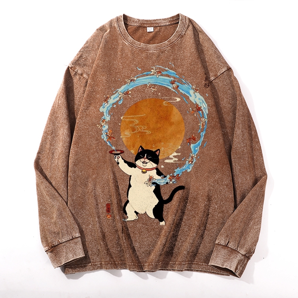 Goldfish Drunk Cat Deep Washed Vintage Long Sleeves T-Shirt-moweekender