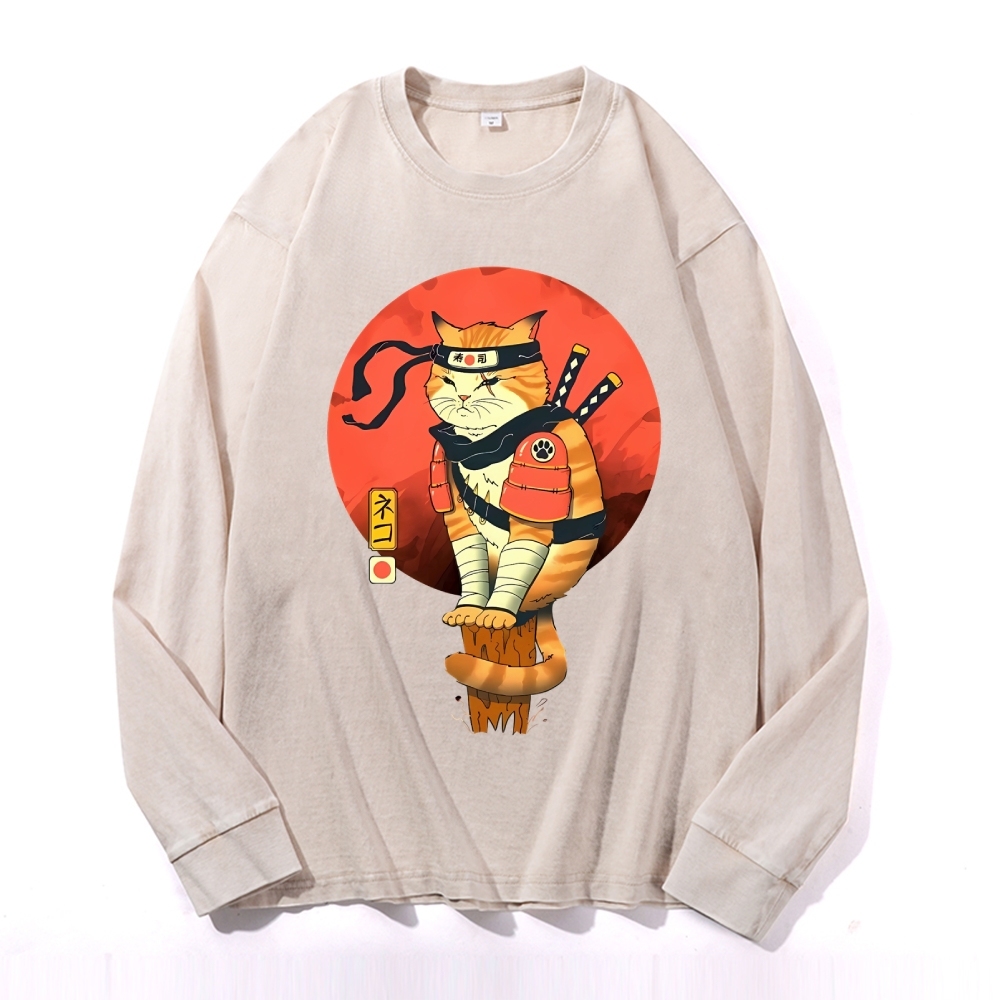 Ninja Sushi Cat Casual Deep Washed Vintage Long Sleeves T-Shirt-moweekender
