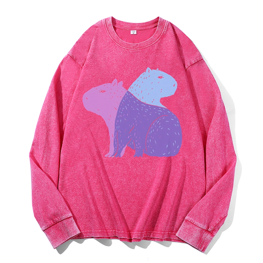 Capybara Pattern Deep Washed Vintage Long Sleeves T-Shirt-moweekender