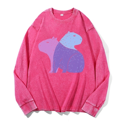 Capybara Pattern Deep Washed Vintage Long Sleeves T-Shirt-moweekender