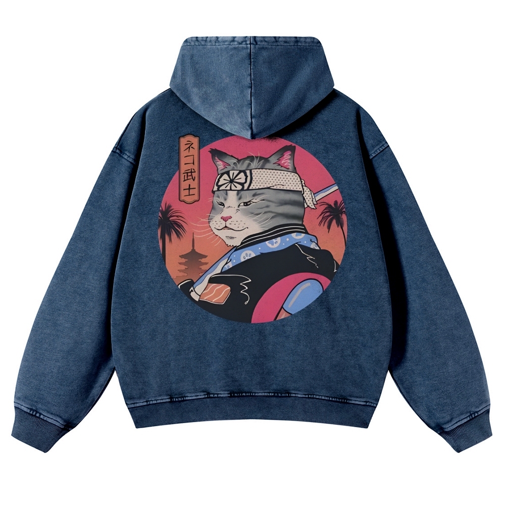 Japanese Cat Warrior Casual Vintage Washed Hoodie-moweekender