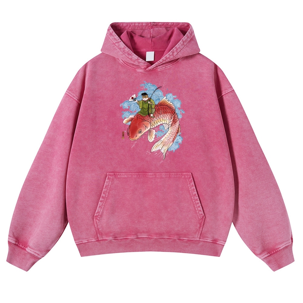 Carp Cat Ukiyoe Pattern Vintage Washed Hoodie-moweekender