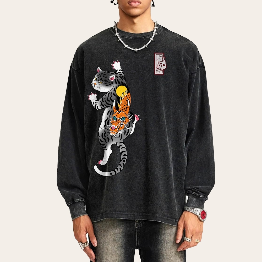 Loong Leopard Cat Pattern Deep Washed Vintage Long Sleeves T-Shirt-moweekender