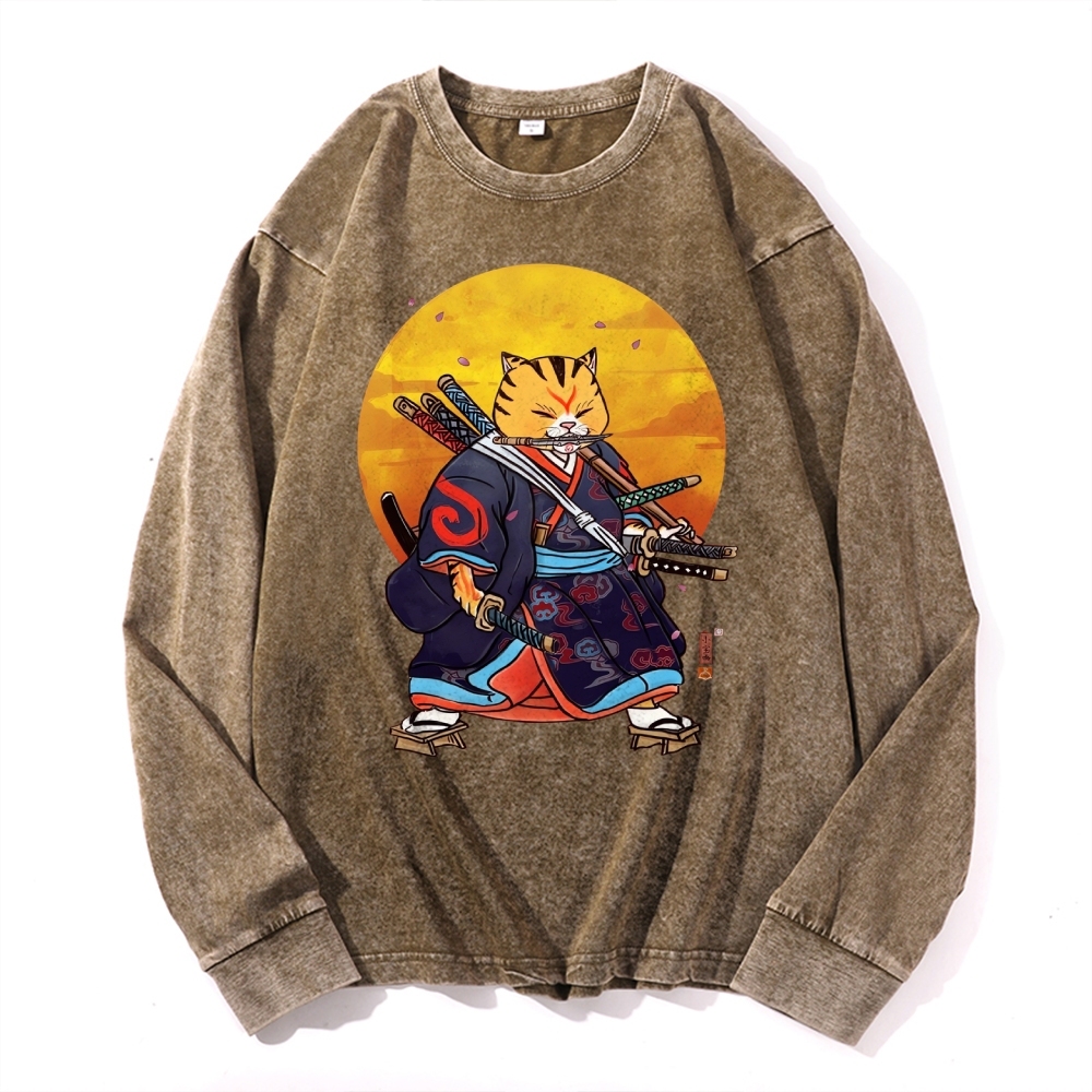 Japanese Warrior Cat Pattern Deep Washed Vintage Long Sleeves T-Shirt-moweekender