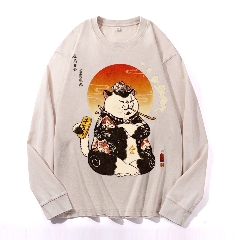 Smoking Rich Cat Deep Washed Vintage Long Sleeves T-Shirt-moweekender