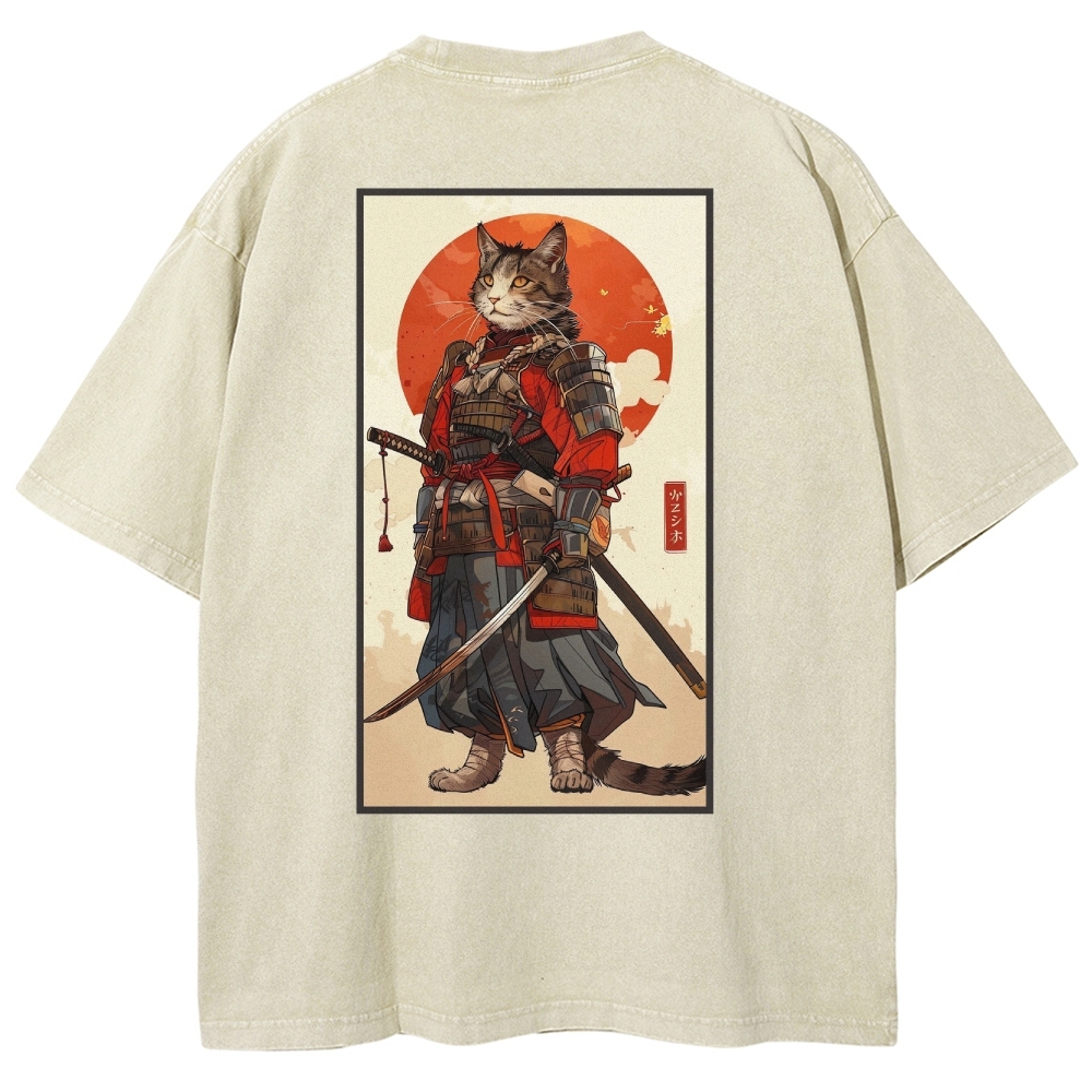 Casual Warrior Cat Washed Vintage Short Sleeves T-Shirt-moweekender