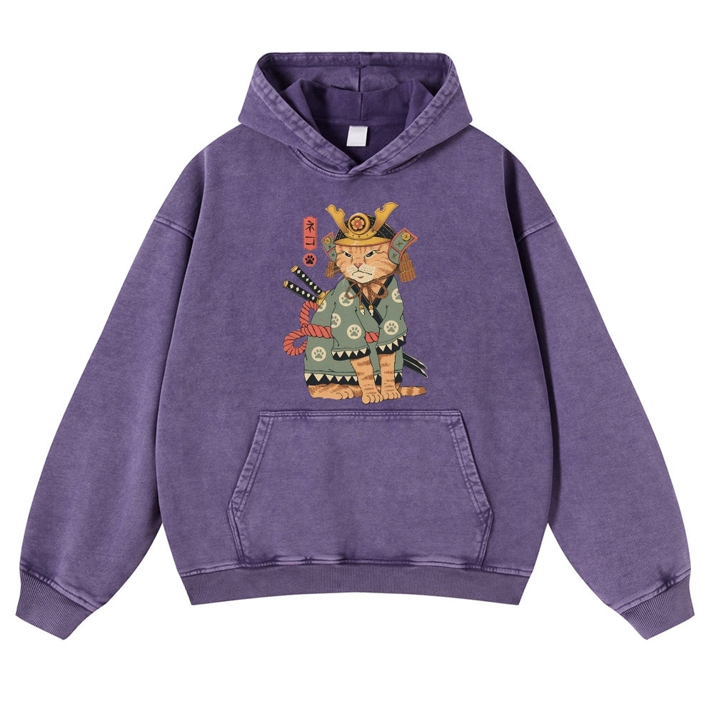 Japanese Warrior Cat Ukiyoe Vintage Washed Hoodie-moweekender