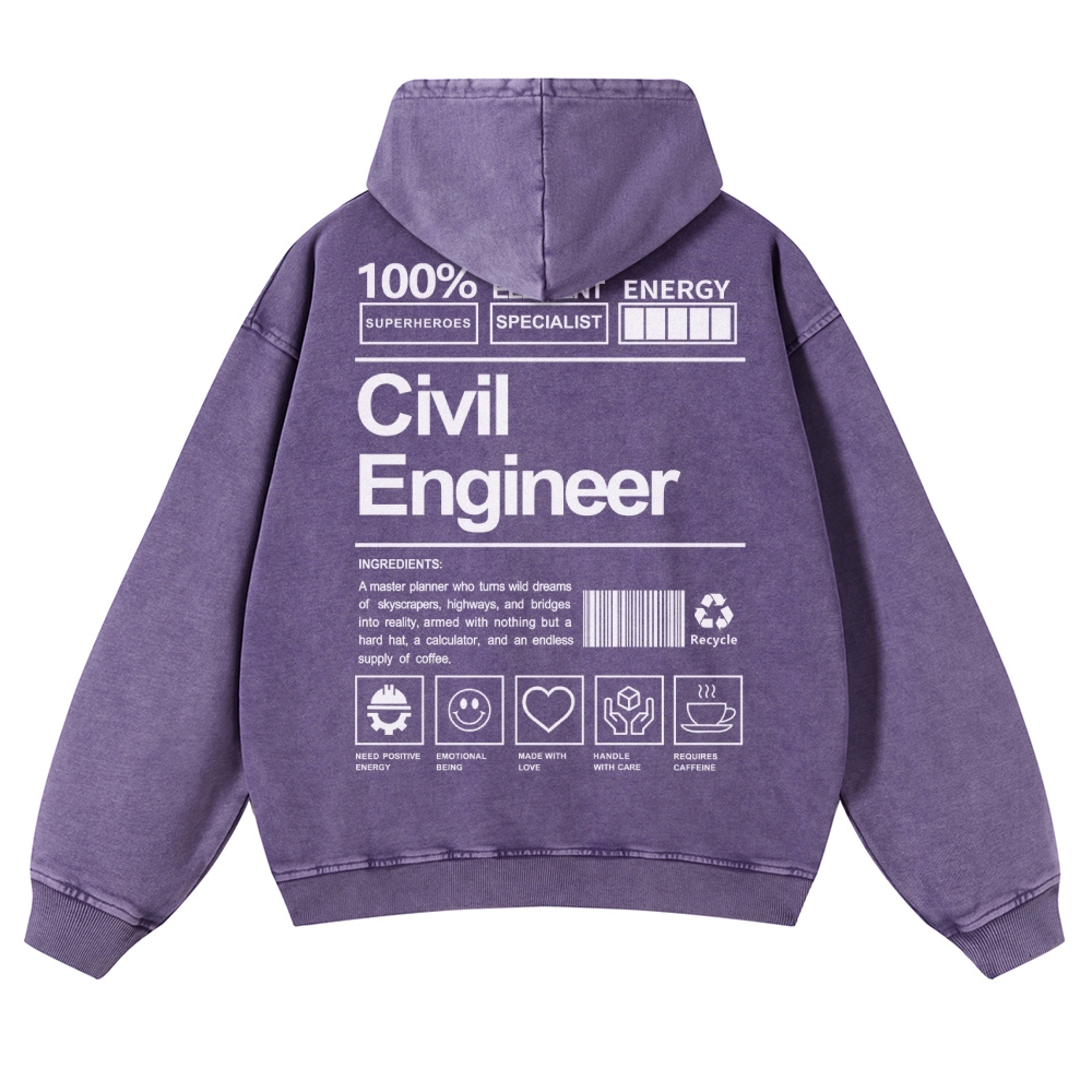 Civil Engineer Pattern Vintage Washed Hoodie-moweekender