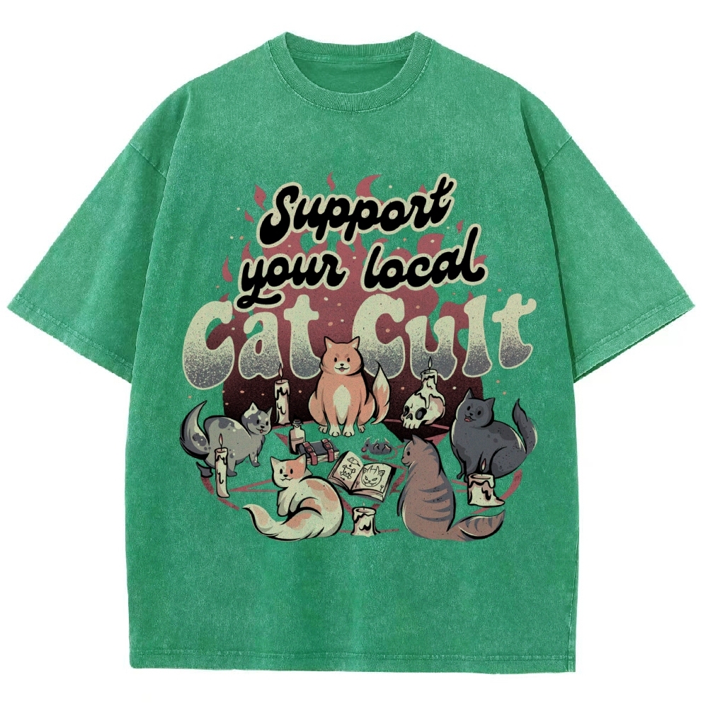 Support Your Local Cat Cult Vintage Snowflake Washed T-Shirt-moweekender