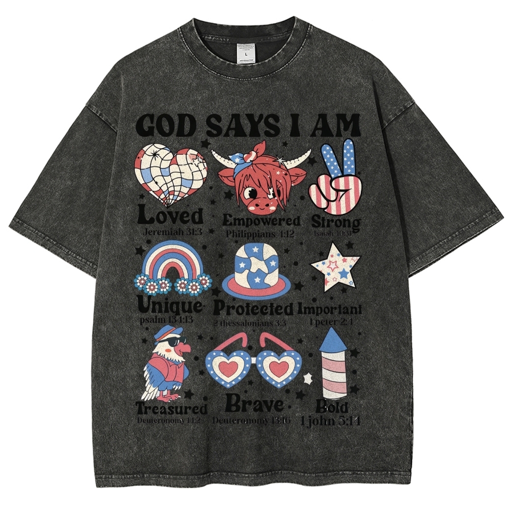 God Says I Am Vintage Snowflake Washed T-Shirt-moweekender