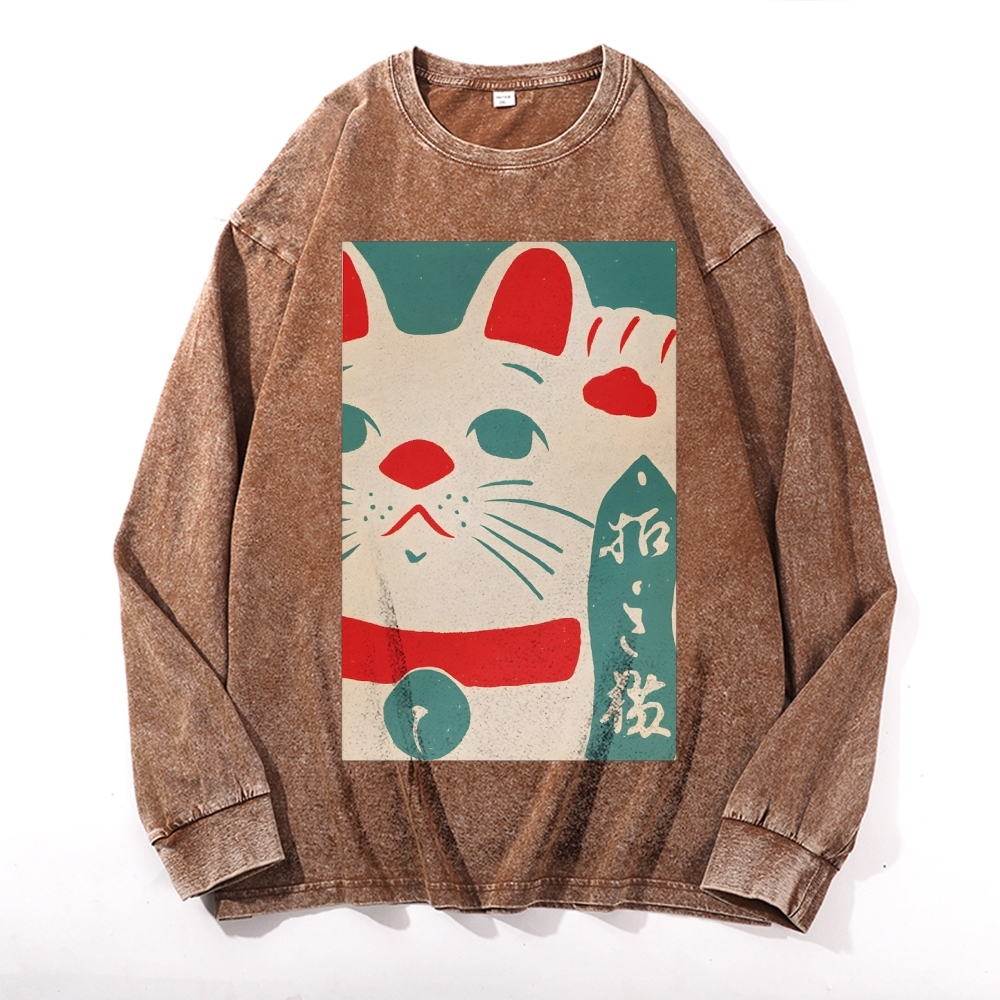 Japanese Maneki-neko Deep Washed Vintage Long Sleeves T-Shirt-moweekender