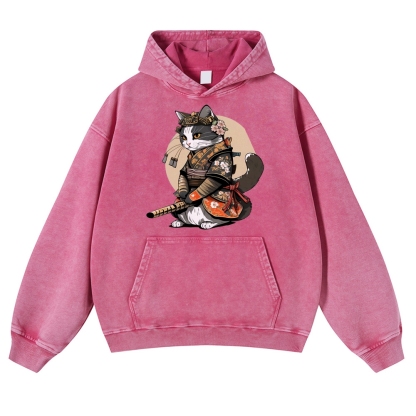 Warrior Cat Printed Vintage Washed Hoodie-moweekender