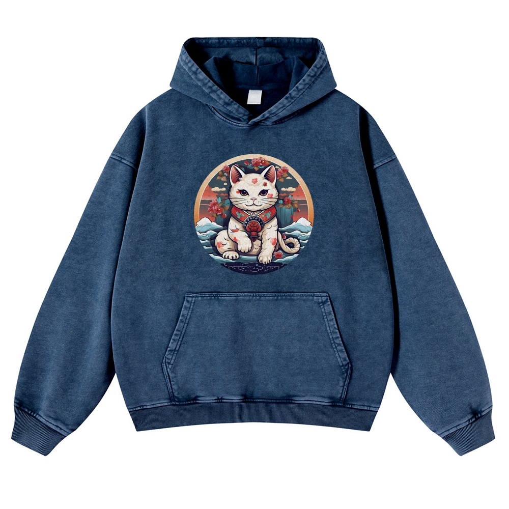 Japanese Cat Painting Printed Vintage Washed Hoodie-moweekender