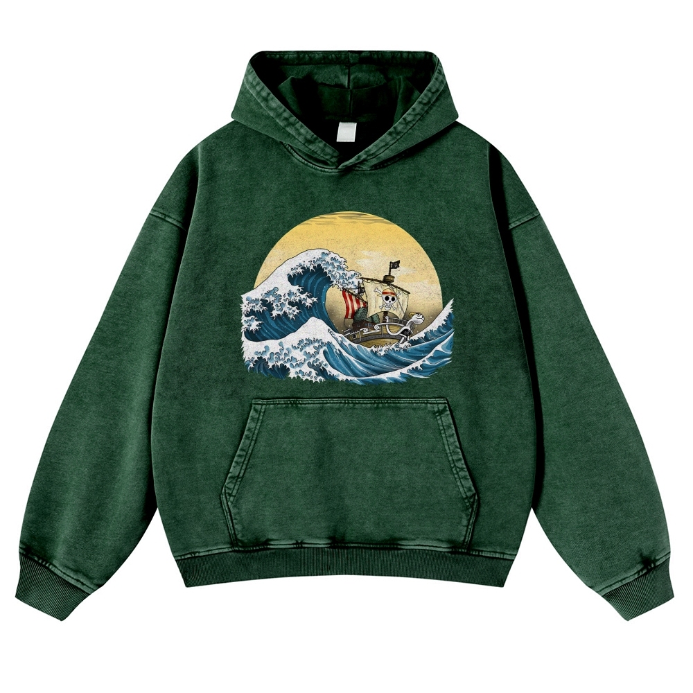 Straw Hat Pirate Ship Ukiyoe Vintage Washed Hoodie-moweekender
