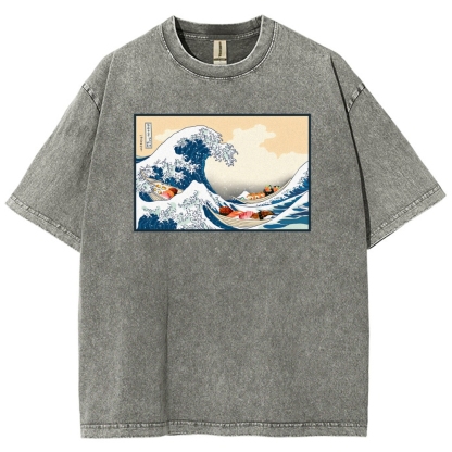 Sushi Ship Wave Ukiyoe Washed Vintage Short Sleeves T-Shirt-moweekender
