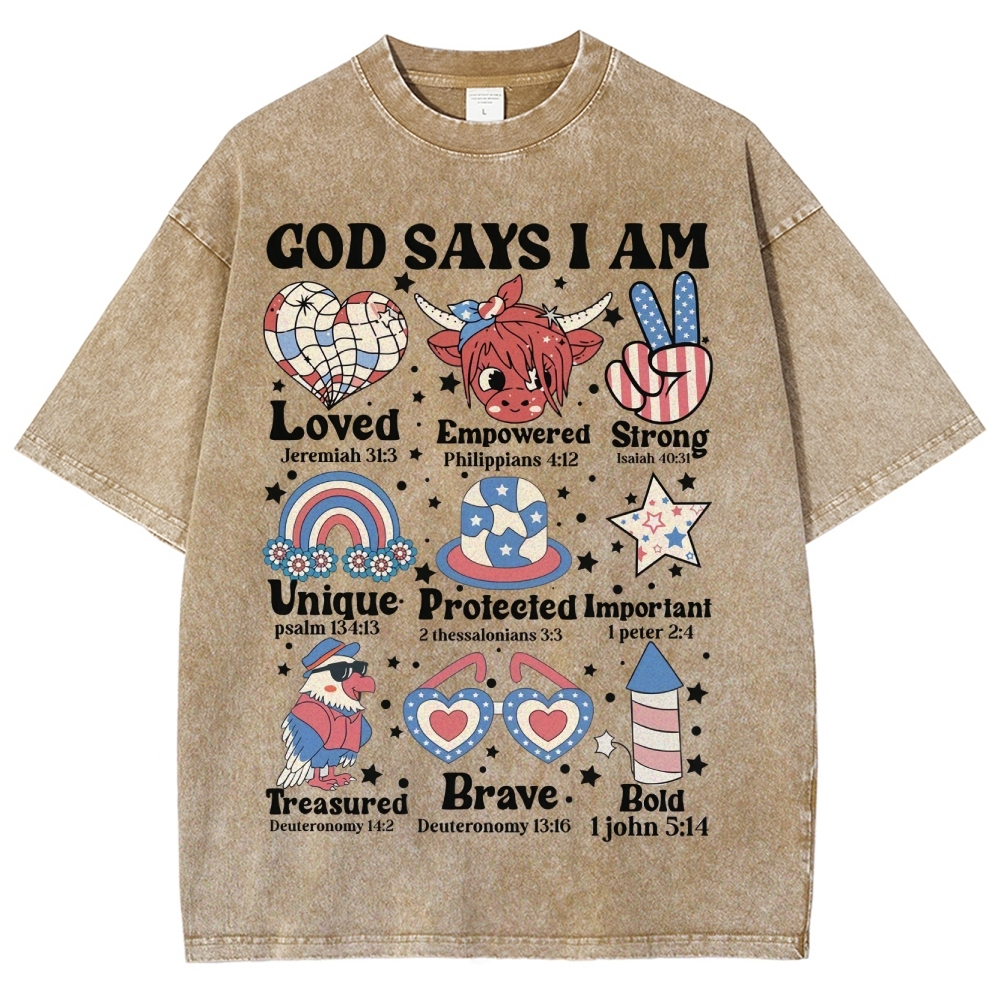God Says I Am Vintage Snowflake Washed T-Shirt-moweekender