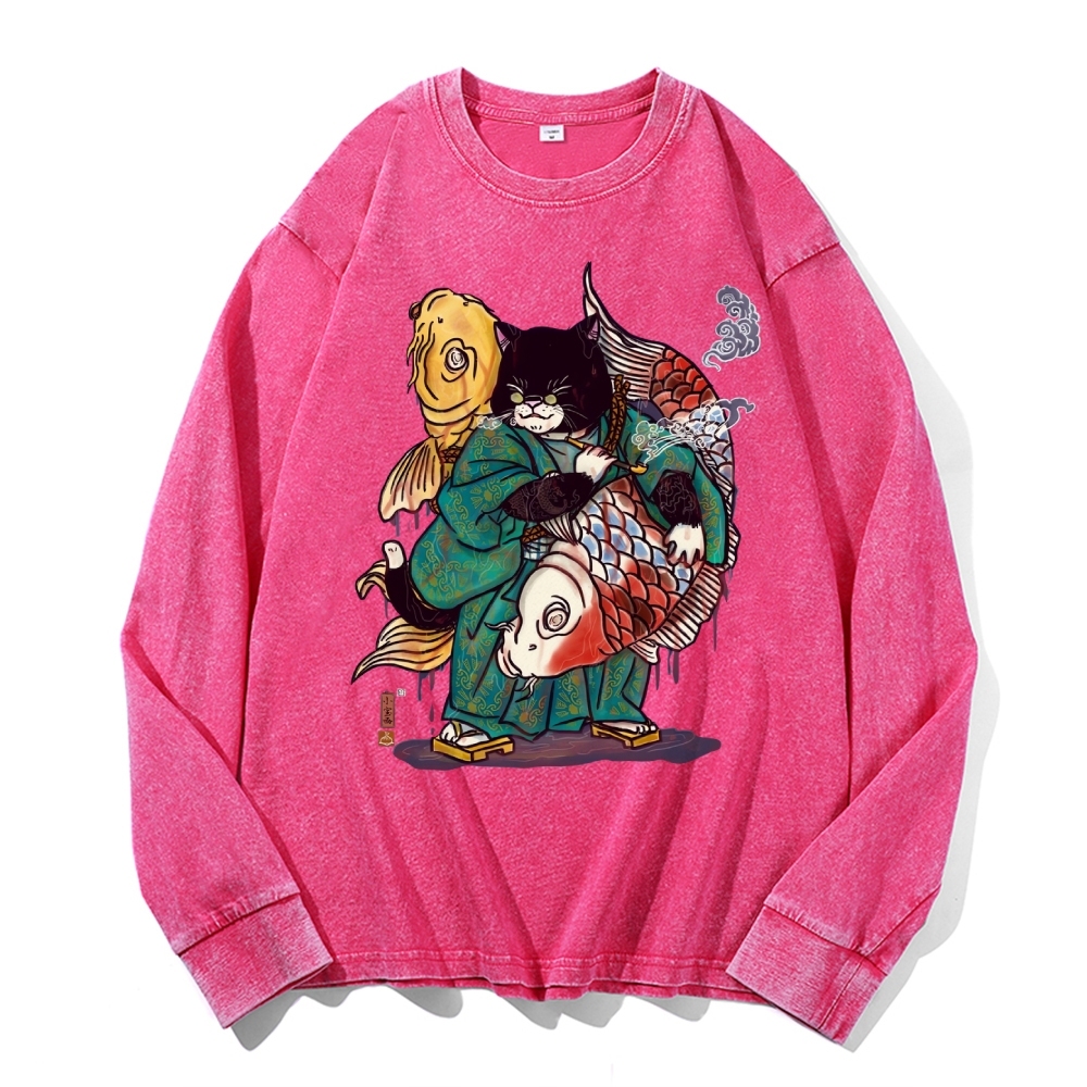 Big Fish Cat Deep Washed Vintage Long Sleeves T-Shirt-moweekender