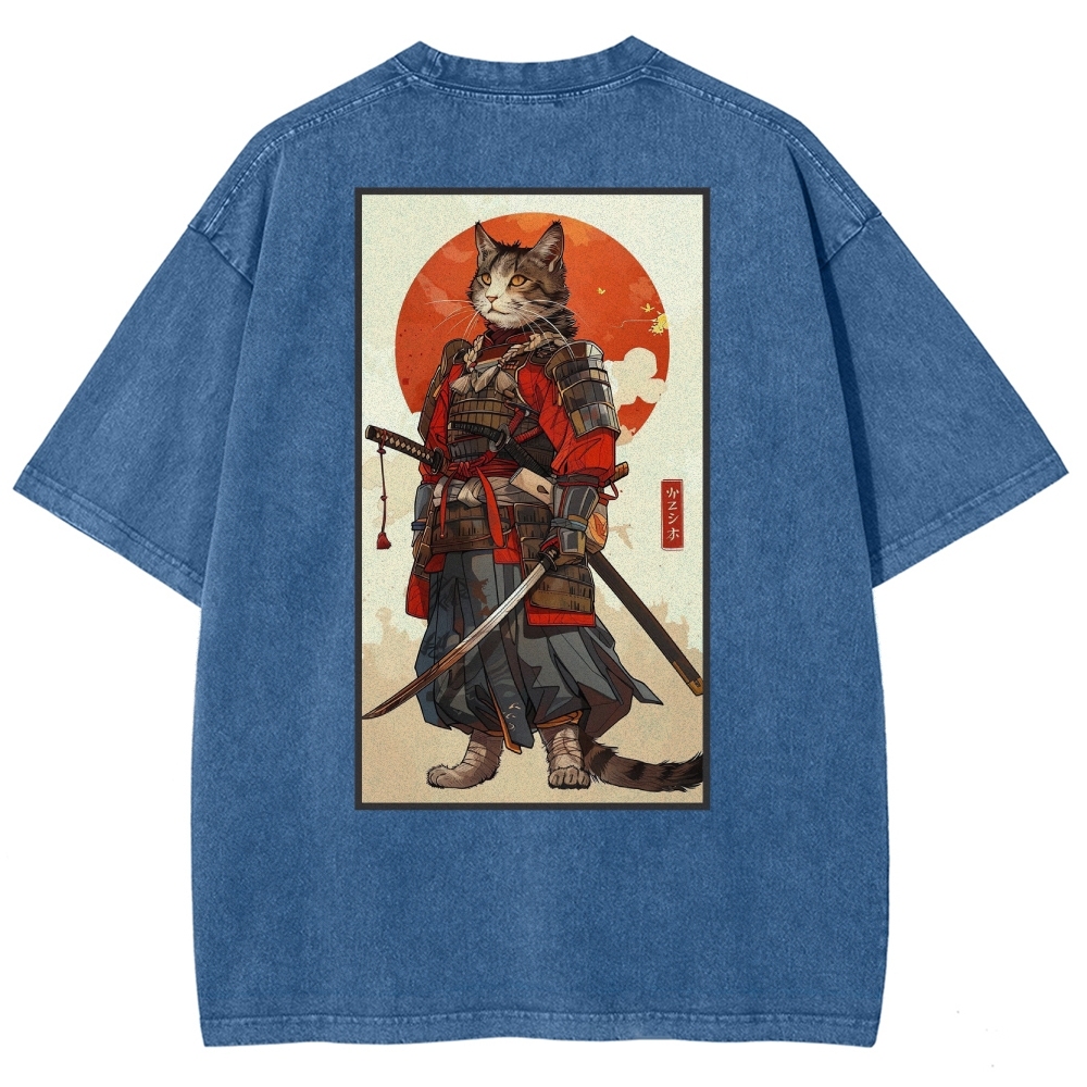 Casual Warrior Cat Washed Vintage Short Sleeves T-Shirt-moweekender