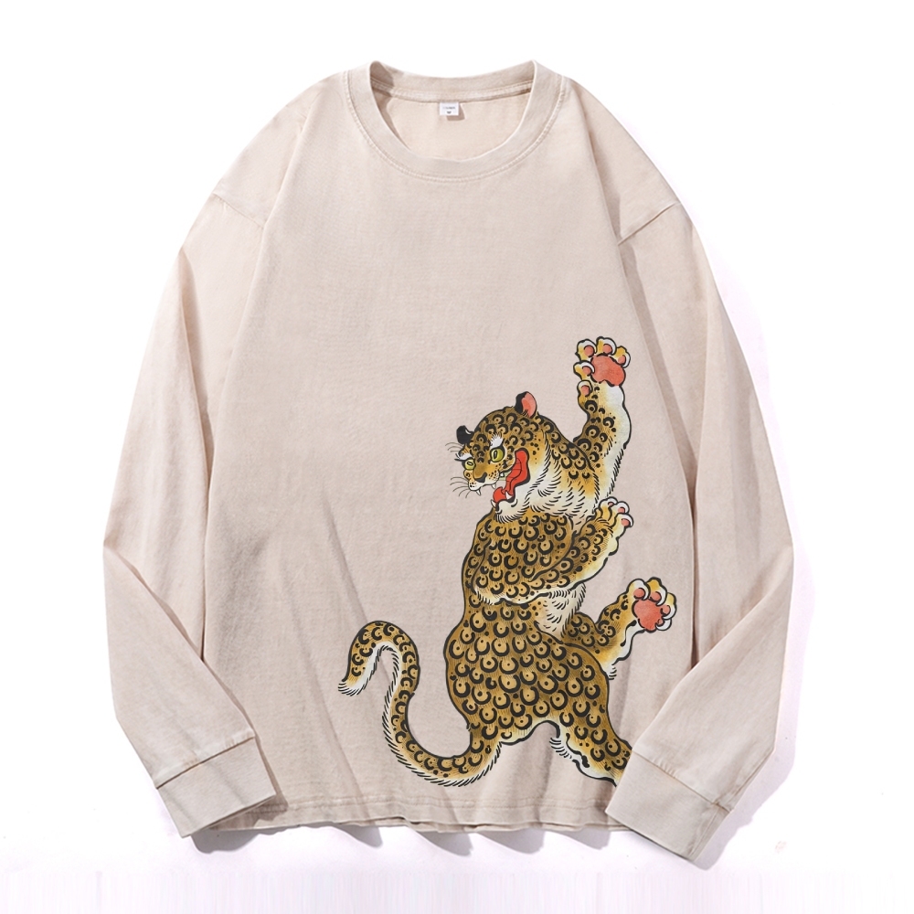 Japanese Leopard Ukiyoe Deep Washed Vintage Long Sleeves T-Shirt-moweekender