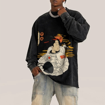 Japanese Spaceman Ukiyoe Deep Washed Vintage Long Sleeves T-Shirt-moweekender