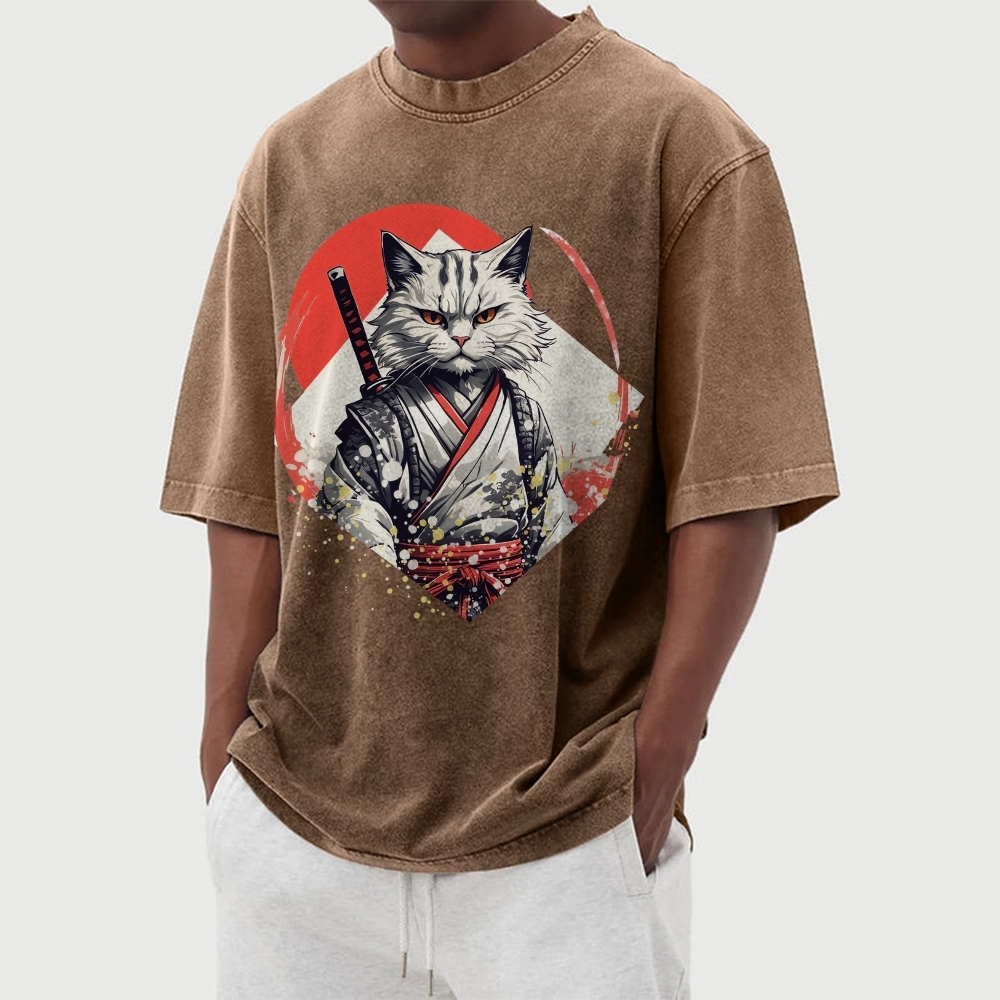 Japanese Warrior Cat Printed Washed Vintage Short Sleeves T-Shirt-moweekender