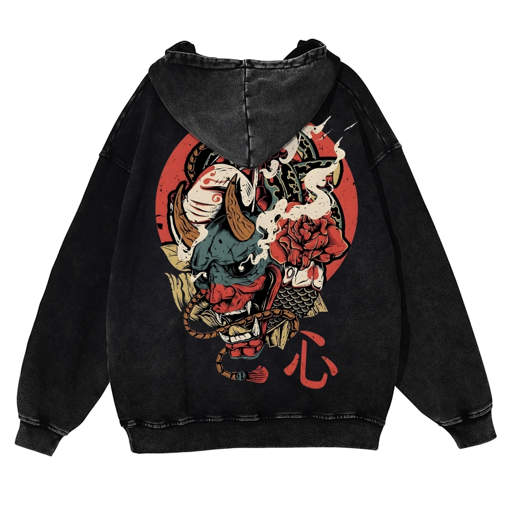 Japanese Traditional Mask Pattern Vintage Washed Hoodie-moweekender