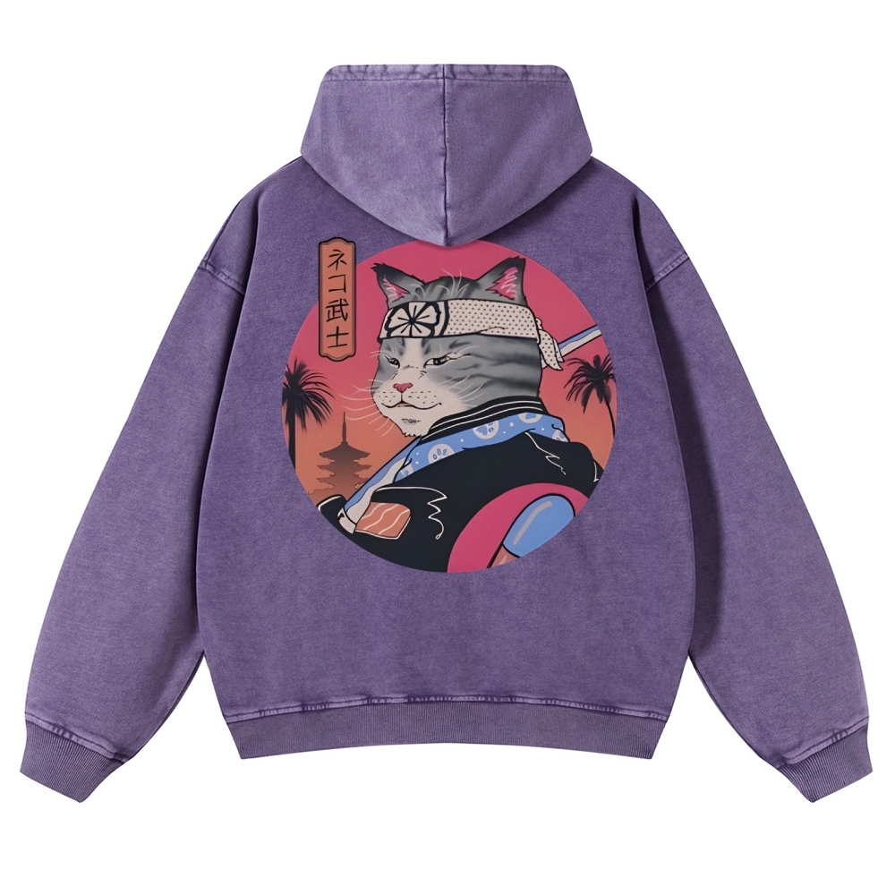 Japanese Cat Warrior Casual Vintage Washed Hoodie-moweekender