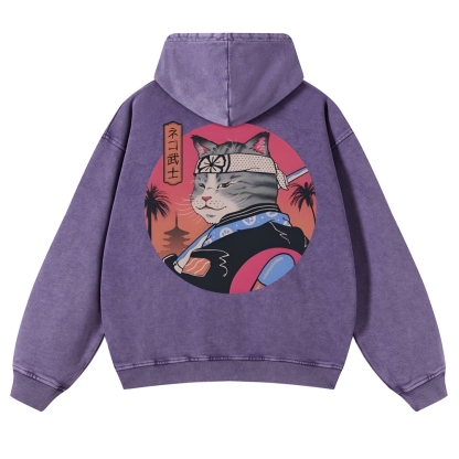 Japanese Cat Warrior Casual Vintage Washed Hoodie-moweekender