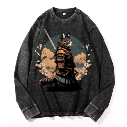 Japanese Armor Cat Deep Washed Vintage Long Sleeves T-Shirt-moweekender